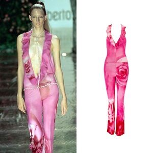 Roberto Cavalli S/S 2000 Pink Floral Rose Silk Jumpsuit